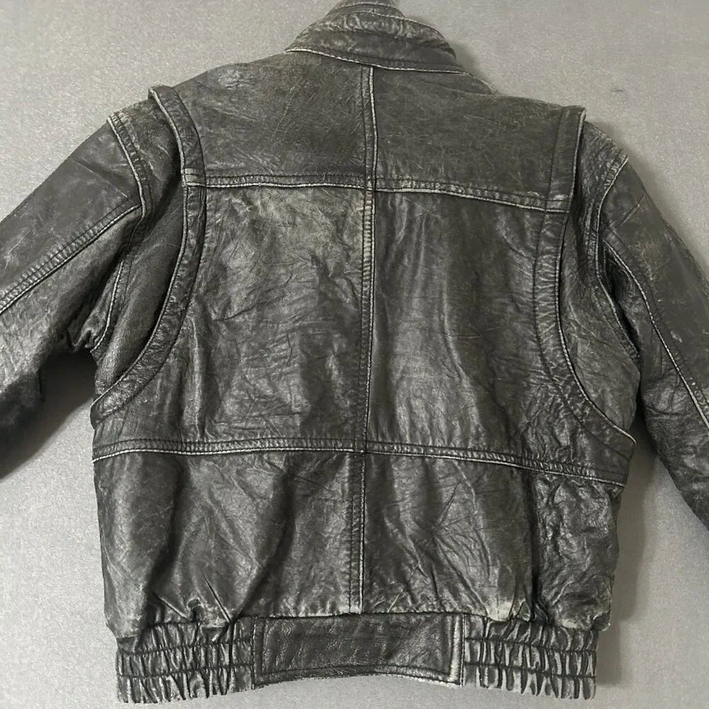 Vintage 90s Soha Fashion’s Boys Charcoal Black Leather Bomber Jacket Sz M